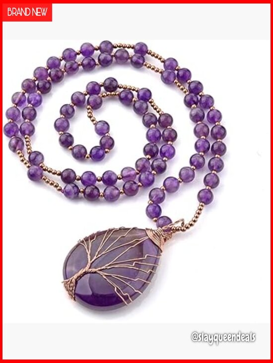 Jewelry - Natural Amethyst Quartz Healing Crystal Necklace Wire Wrapped Teardrop Life